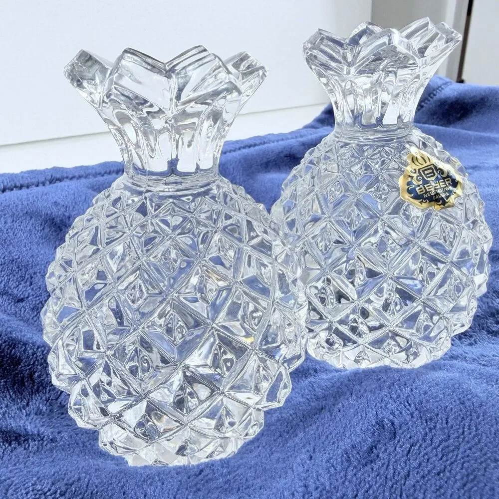 Vintage Pair Beyer Bavaria Lead Crystal Pineapples Paperweights Bookends Germany